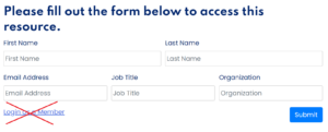 Form Entry with fields for name, email, job title, and organization, with Member Login crossed out. 